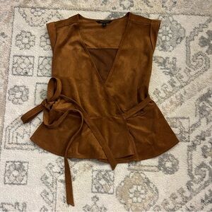 Brown Vegan Suede Wrap Peplum Top - Banana Republic XS